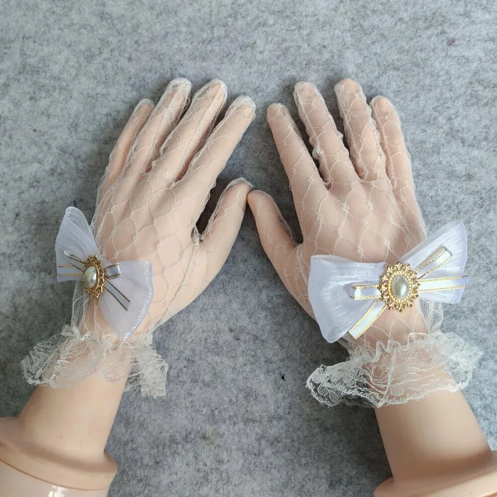 Women's Hand Sleeve White Bow Lace Gloves Wedding Halloween Costume Party Prom